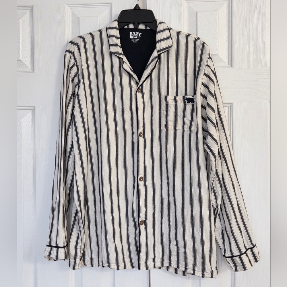 LAZY ONE BLUE & CREAM STRIPED PAJAMA BUTTON UP TOP LONG SLEEVES UNISEX MEDIUM